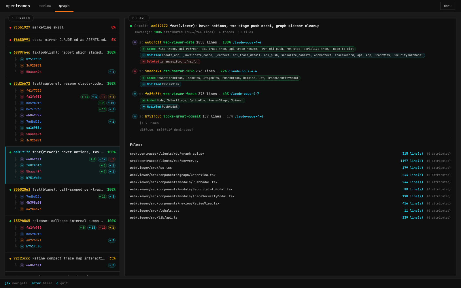 opentraces web — graph / blame view